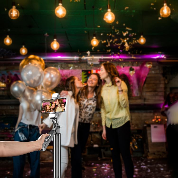 Porodo Media Pod with Folding Quadpod, 360° Tilt & Rotation Handle, 185cm Extendable Height, Dual Detachable Lights, Remote Control, Re-Chargeable Battery, Metal + ABS & Aluminum Material, Bluetooth Version 5.2, 55mAh Battery Capacity,4.7"-7" Mobile Compatibility - Black