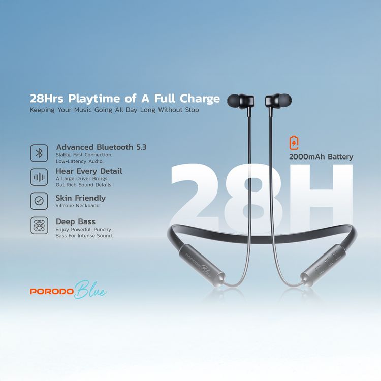 Porodo Blue ENC Neckband In-Ear Earphones with Up to 30 Hours of Playtime, 200mAh Battery Capacity, 15m Transmission Distance, Bluetooth Version 5.3 - Black