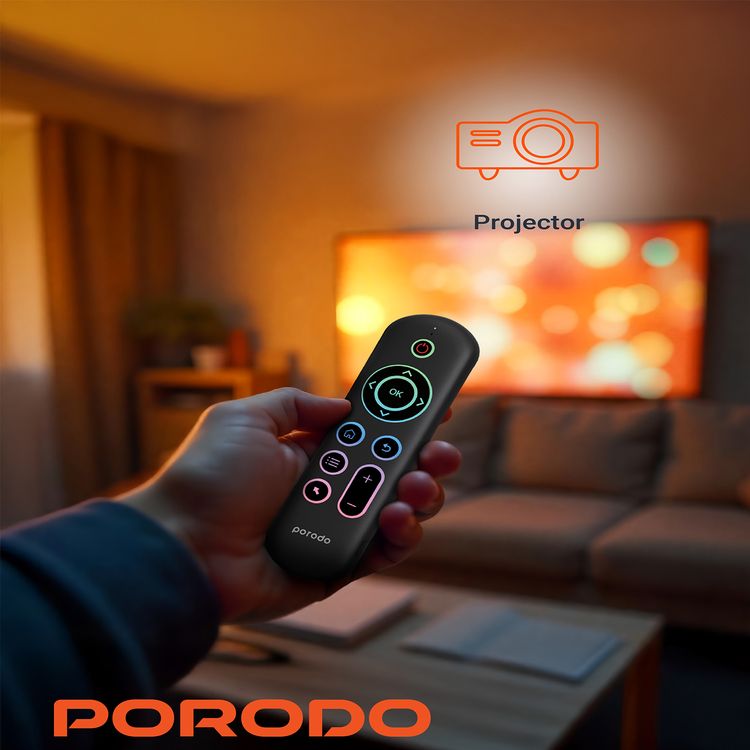 Porodo Air Mouse Remote and Mini Keyboard with 6 Axis Gyro Sensor, Arabic & English Layouts, 58 Full QWERTY Keyboard Keys, 3 Adjustable Level Mouse Pointer Movement, 250 mAh Battery Capacity - Black
