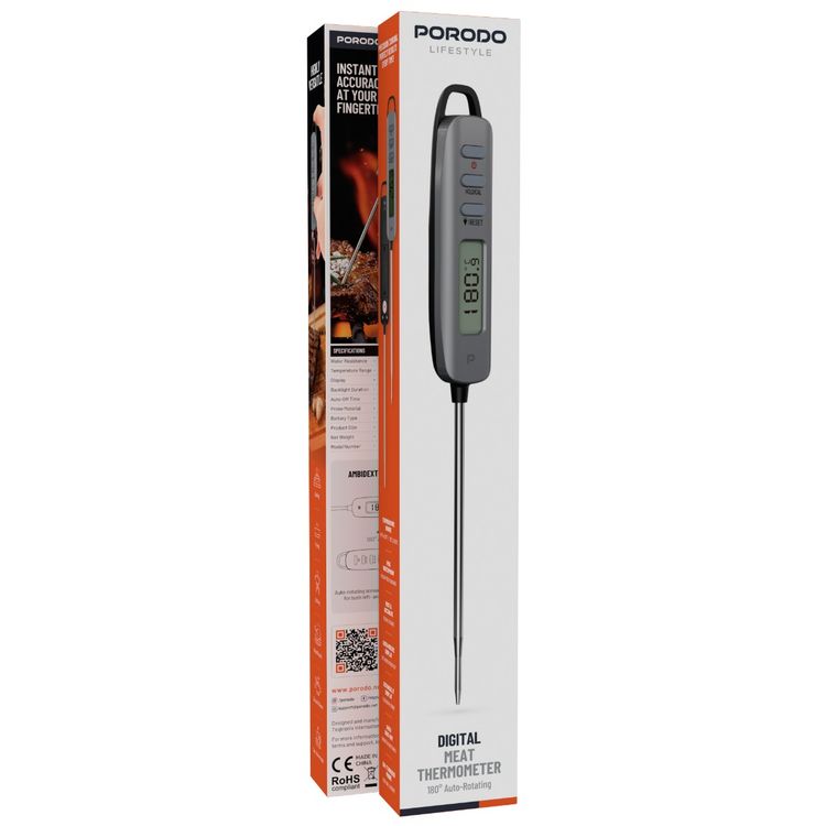 Porodo Lifestyle Digital Meat Thermometer with  LED Backlight Display, Water Resistance, -50°C to 300°C, -50°C to 300°C Temperature Range - Silver 