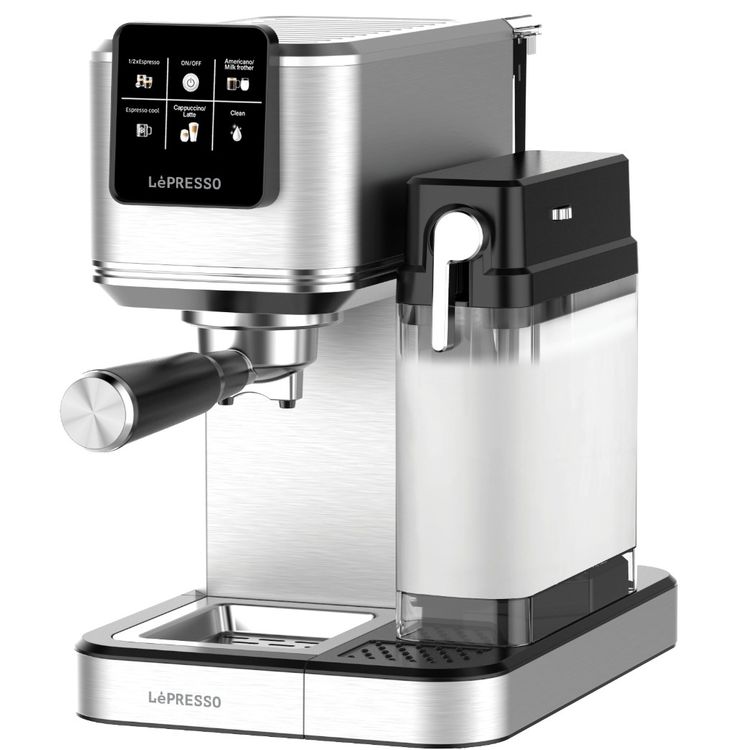 LePresso Hot & Cold Brewing Coffee Machine with Intuitive Touch Control Panel, 1350W Rated Power, 1L Milk Tank Capacity & 1.2L Water Tank Capacity, Milk Frothing Function, UK 3-Pin Plug - Silver