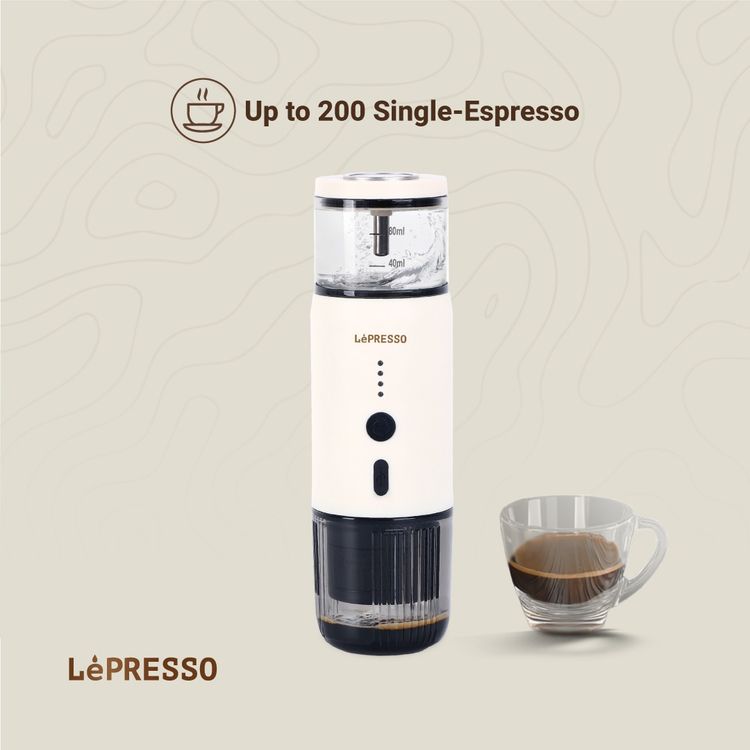  LePresso Portable Espresso Machine,  Food Grade Stainless Steel, 2500mAh x3 Battery Capacity, 80mL Water Tank Capacity - White