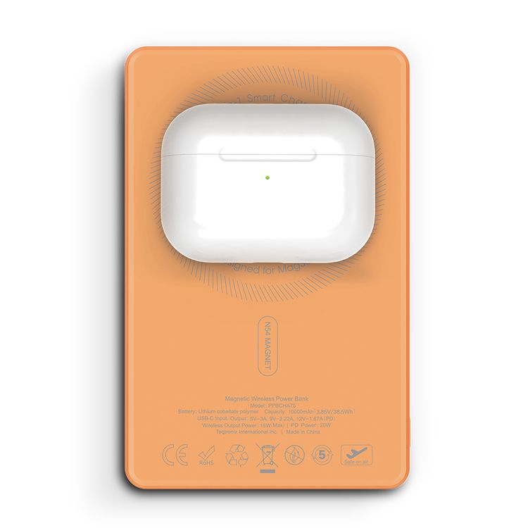 Powerology MagVolt 10000mAh Power Bank, 2.5W Watch Output, Up to 15W Phone Output, 20W Power Delivery, Ultra-Slim Design, Smart TFT Display, N54 MagSafe Compatible - Orange