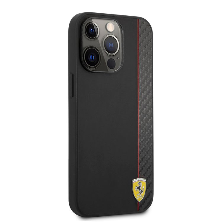 CG MOBILE Ferrari Hard Case PU Smooth & Carbon Effect Vertical Stripe Metal Logo Compatible for iPhone 13 Pro (6.1") Anti-Scratch, Easy Access to All Ports