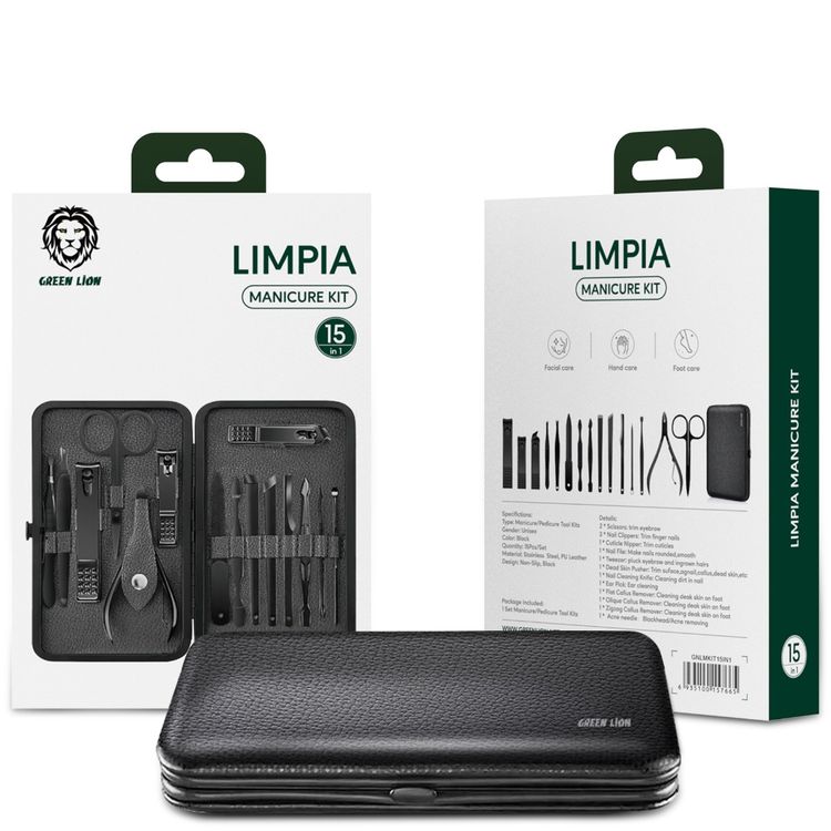  مجموعة أدوات مانيكير وباديكير 15 في 1 من غرين ليون، مجموعة مقص أظافر من جلد البولي يوريثان المقاوم للصدأ ، مجموعة أدوات غير قابلة للانزلاق ، مجموعة أدوات تجميل محمولة للسفر للجنسين ، العناية بالوجه والبشرة والأظافر - أسود