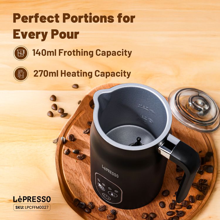 LePresso Four Froth Milk Frother, 270mL Heating Capacity, 140mL Frothing Capacity, 3-Pin UK Plug, Temperature Control - Black