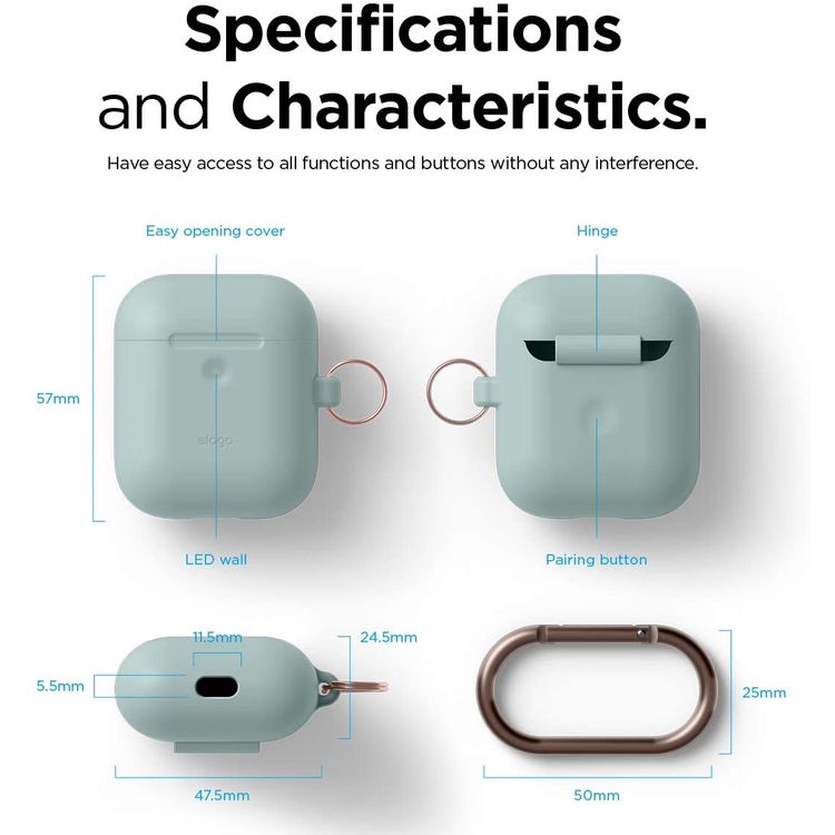 Elago Silicone Case with Anti-Lost Keychain Compatible with Apple AirPods 1/2 Wireless Charging Case, Front LED Visible, Anti-Slip Coating Inside, Premium Silicone - Baby Mint