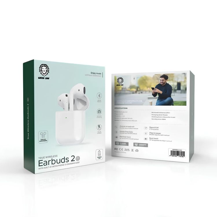 Green Lion Earbuds 2 G1 with 4 Hours Working Time, Wireless Charging Type, Touch Control, Bluetooth Version 5.3, 180 Hours Standby Time, Pop-Up & Auto Pairing - White