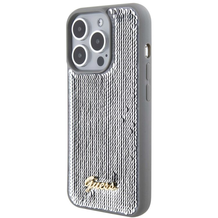 Guess Sequin Script Case with Guess Metal Logo - Silver - iPhone 15 Pro