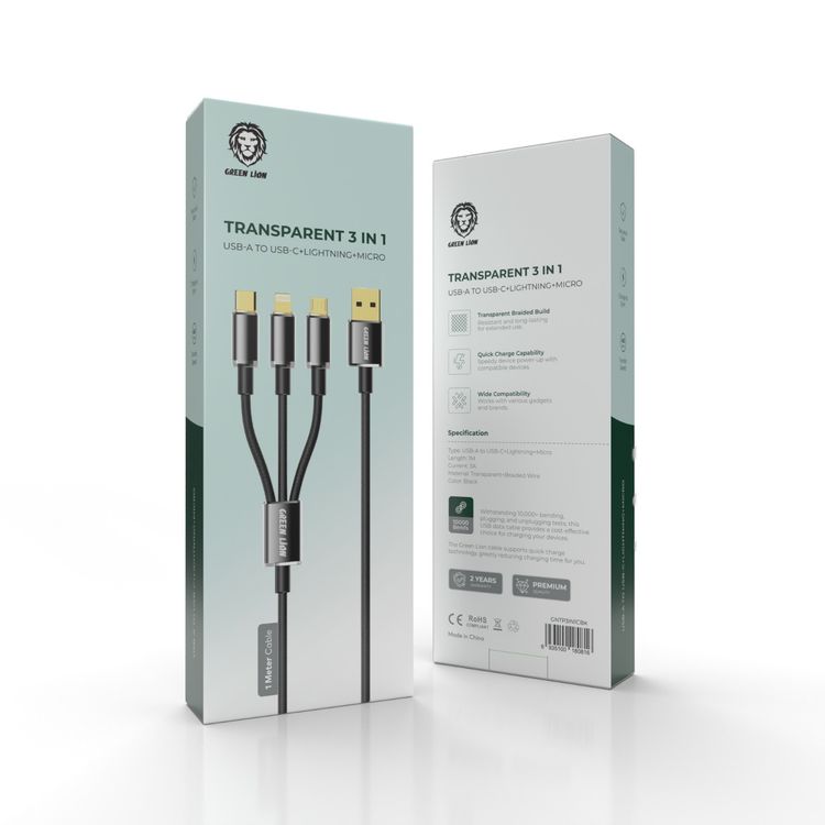 Green Lion Transparent 3-in-1 Cable with USB-A to USB-C + Lightning + Micro Connections, 1m Length, 480Mbps Transfer Speed, 3A Current, Quick Charge Capability, Wide Compatibility, Transparent Braided - Black