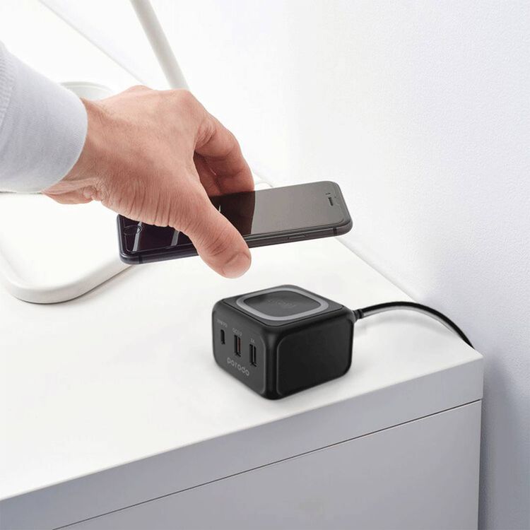 Porodo Triple Ports Fast Wireless Charger with 30W Power Delivery, Desktop Charging Compatibility, 15W Wireless Charging, Overcurrent Protection, Fire Retardant Materials - Black