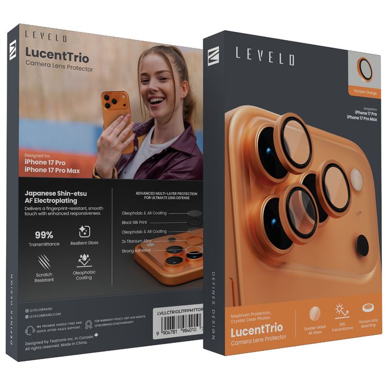 Levelo LucentTrio Camera Lens Protector with 99%  Transmittance for iPhone 17 Pro / 17 Pro Max, Anti-Fingerprint, Anti-Scratch, Double-Sided AR Glass, Oleophobic Coating, Multi-Layer Protection, Strong Adhesive - Titanium Orange