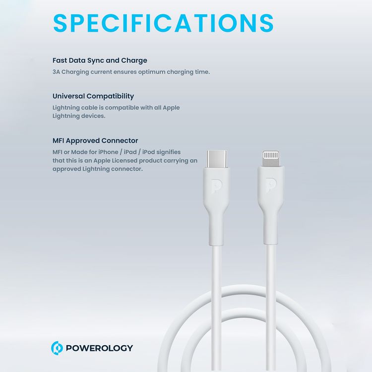 كابل Powerology من USB-C إلى Lightning مع توصيل الطاقة بقوة 20 واط، بطول كابل 1.2 متر، مصنوع من مادة PVC، متوافق عالميًا، مزامنة بيانات سريعة وشحن - باللون الأبيض.