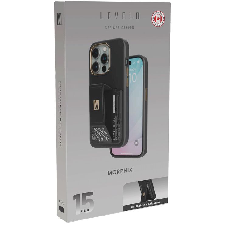 Levelo Morphix Cuero Gripstand Case for iPhone 15 Pro Max with Cardholder, Multi-Positioning Modes, PU Leather Material, Shock-Proof Edges - Black