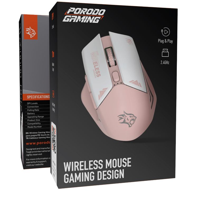 Porodo Gaming Wireless Mouse, 3 Levels DPI, 10m Wireless Range, Power Saving Technology, Mac & Windows Compatible - Pink
