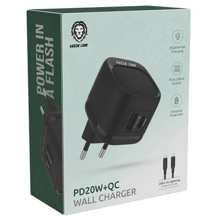Green Lion PD 20W EU Wall Charger with USB-C to Lightning Cable, Charging Protection, 27W Cable Current, 5V/3A (15W) USB-A & USB-C Output Shared Output, Fast Charging - Black