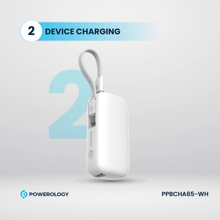 بنك طاقة Powerology بسعة 5000 مللي أمبير في الساعة مع سلك USB-C قابل للإزالة، وتقنية شحن متقدمة، وشحن لجهازين، وصغير الحجم وقابل للحمل، مع حماية مدمجة، وتوصيل طاقة بقوة 20 وات - أبيض