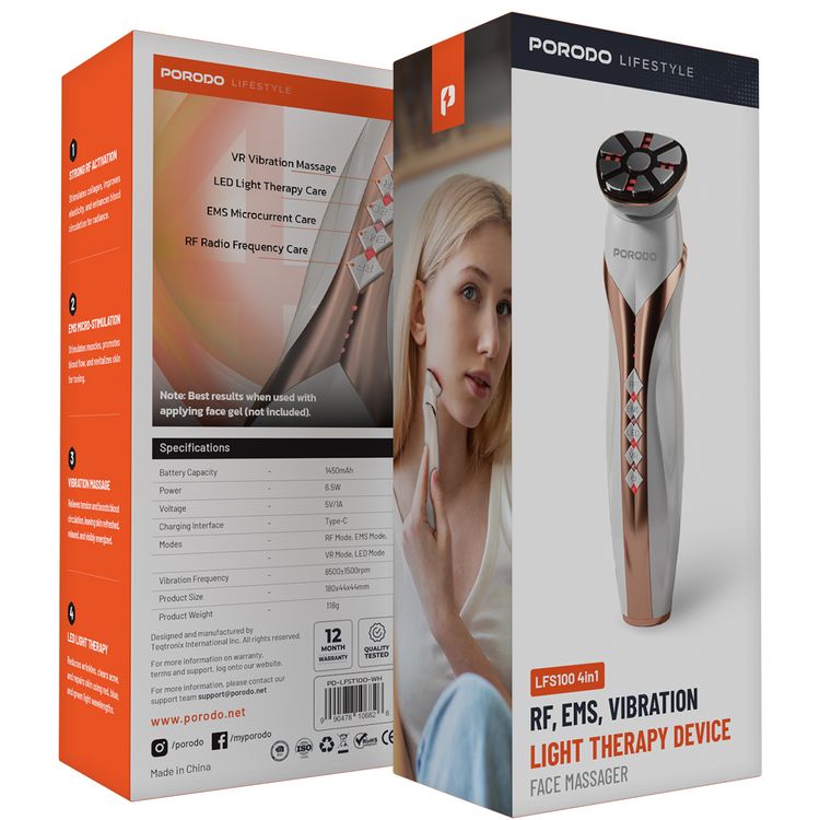 Porodo Lifestyle Vibration Light Therapy Device with EMS Micro-Stimulation, Strong RF Activation, 1450mAh Battery Capacity, 8.5W Power - White