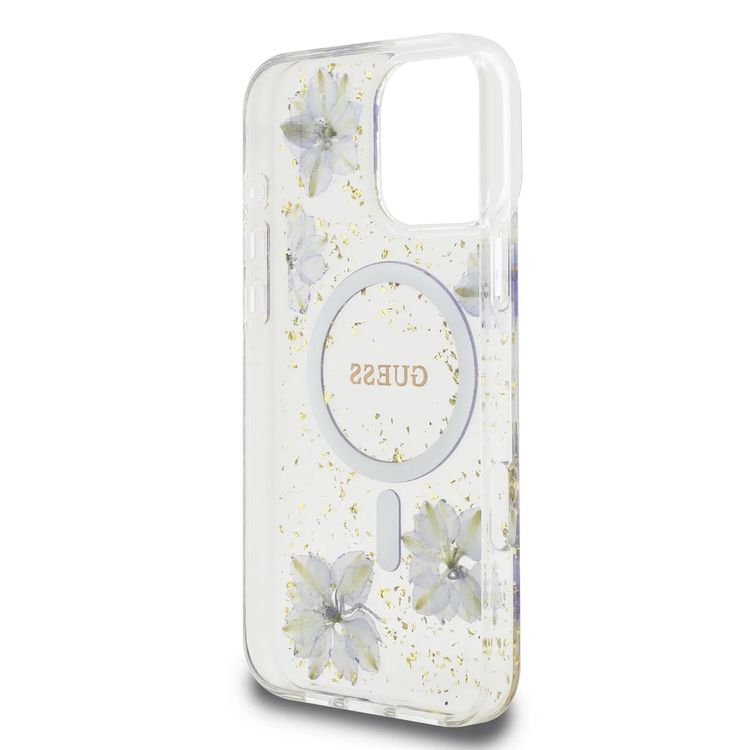 Guess MagSafe Hard Case with Resin Flowers Design for iPhone 16 Pro Max, Drop protection, Comfortable Grip - Purple