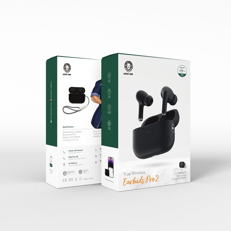 Green Lion True Wireless Earbuds Pro 2 with Wireless Charging, Touch Control, Premium ANC, Pop-Up Window, Comfort Wearing, Silicone Case & Lanyard Included - Black