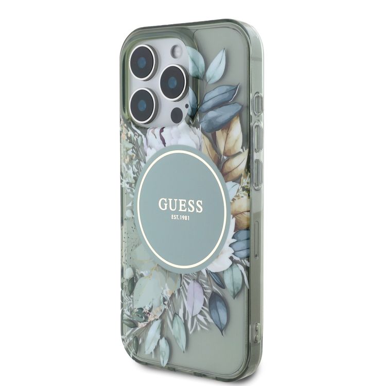 Guess Magsafe IML Transparent Hard Case with Flower Design & Tonal Circle Logo for iPhone 16 Pro Max, Lightweight, High Quality Material - Green
