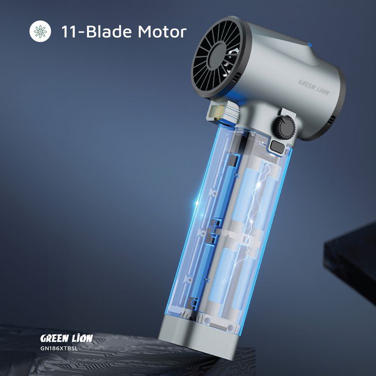 منفاخ توربو GB-186X من Green Lion بسعة بطارية 4000 مللي أمبير في الساعة، ومدة شحن 2.5 ساعة، ومدة عمل من 6 إلى 80 دقيقة، ومنفذ شحن تيار مستمر، ومادة طلاء ABS والسيليكون والمعادن - فضي