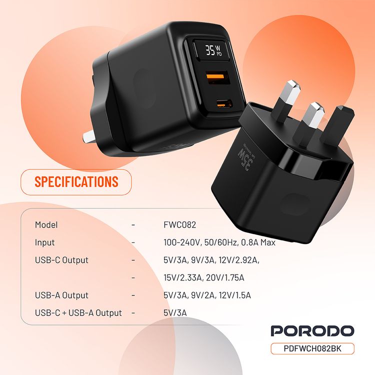 Porodo GaN Wall Charger with USB-A & USB-C Ports, 35W Power Delivery, Built-in Safeguards, Fast Charge Support, Multiple Device Charging, Digital Display - Black