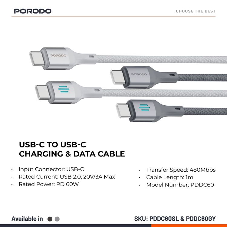 Porodo USB-C to USB-C Charging & Data Cable with 60W Power Delivery, 1m Cable Length, Braided Cable with Tangle-Free Design, 480Mbps Data Transfer Speed, Fast Charge - Gray