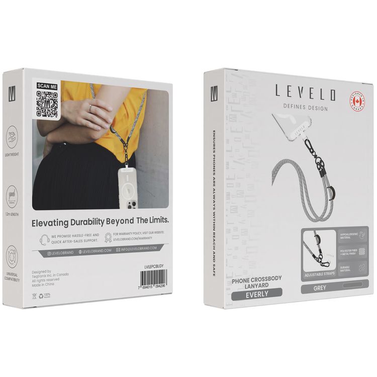 Levelo Everly Phone Crossbody Lanyard, Lightweight Design, Adjustable Straps with 1.2m Length, Hypoallergenic Material, Universal Compatibility - Gray