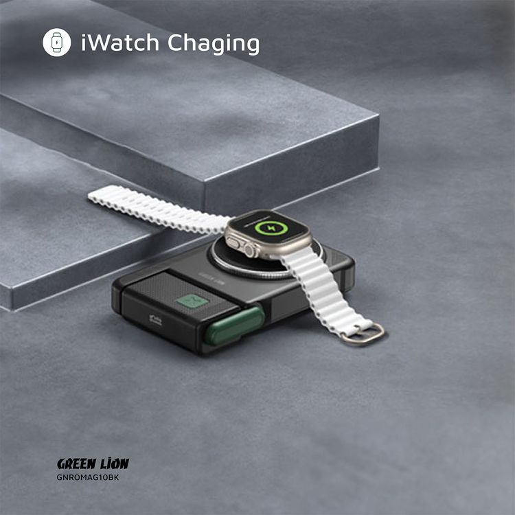 Green Lion Rotex MagSafe 10000mAh Power Bank, iWatch Charging, Rotating Bracket, Wireless Charging, Digital Display, Compact & Lightweight, PD 22.5W - Black
