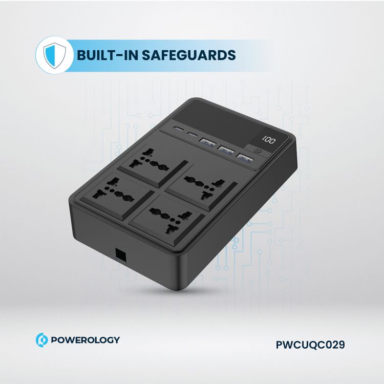 مشترك طاقة Powerology 2500 واط مع 4 مقابس تيار متردد وكابلات مدمجة قابلة للسحب، 5 منافذ USB، مخرجات USB-C وLightning، أدوات حماية مدمجة، مادة مقاومة للحريق، مؤقت 24 ساعة، شحن متزامن، طول الكابل 70 سم وطول سلك الطاقة 3 متر - أسود