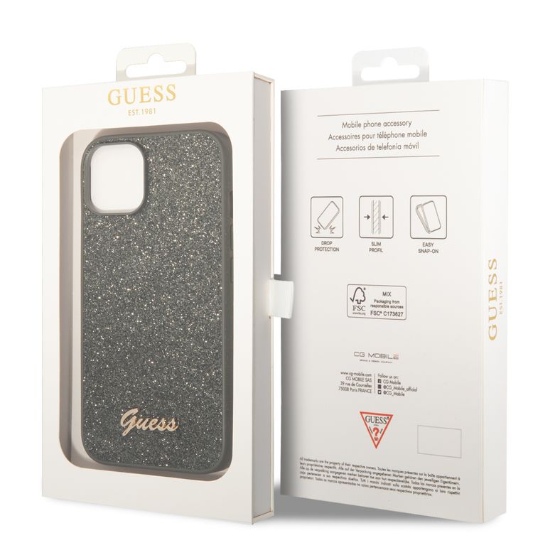 Guess PC/TPU Glitter Flakes Case with Script Metal Logo iPhone 14 Plus Compatibility - Green