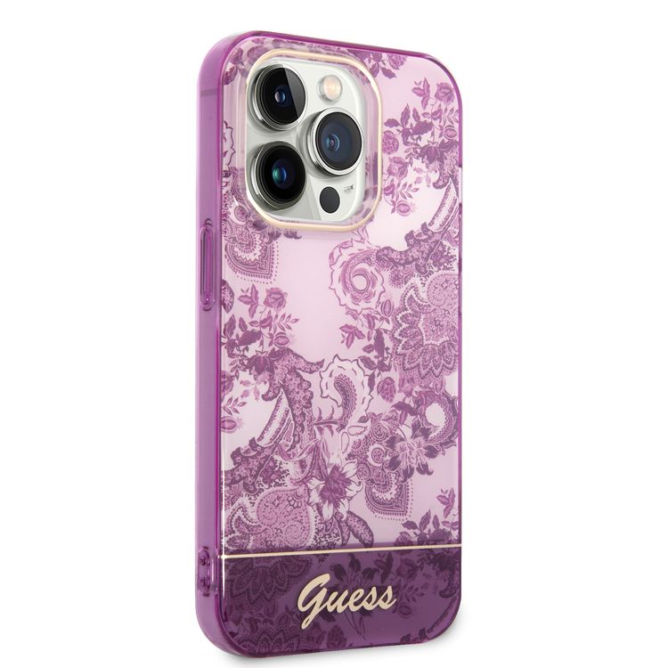 Guess PC/TPU IML Case With Double Layer Electroplated Camera Outline & Toile De Jouy - iPhone 14 Pro - Fuchsia