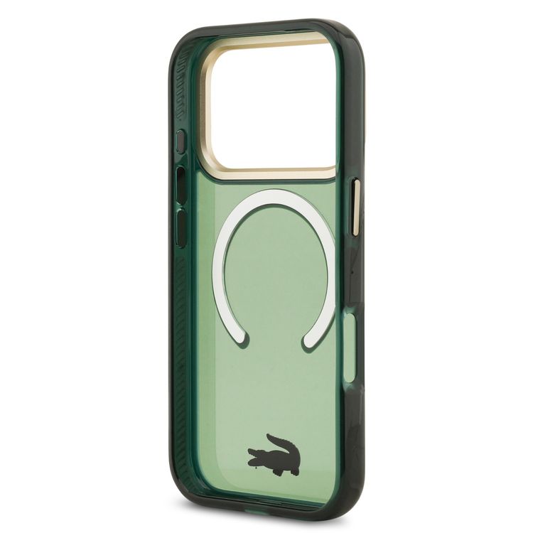 كفر لاكوست MagSafe شفاف من TPU و PC مع لمسة نهائية متعددة الألوان لهاتف آيفون 17 برو، حماية من السقوط، تصميم نحيف، عبوة مستدامة، تصميم سهل التركيب - لون أخضر / ذهبي.
