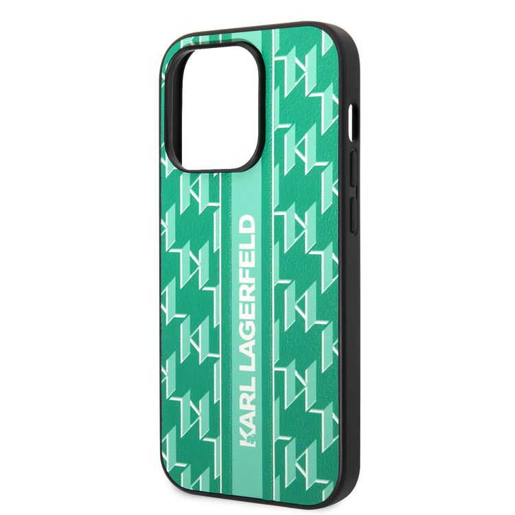 Karl Lagerfeld Grained PU Leather Case with Monogram Pattern & Vertical Logo iPhone 14 Pro Compatibility - Green