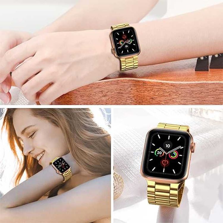 Green Lion Link Stainless Steel Strap for Apple Watch 42/44/45/49mm, Double Button Folding Clasp, Lightweight & Easy to Install, Comfortable to Wear, Waterproof - Gold