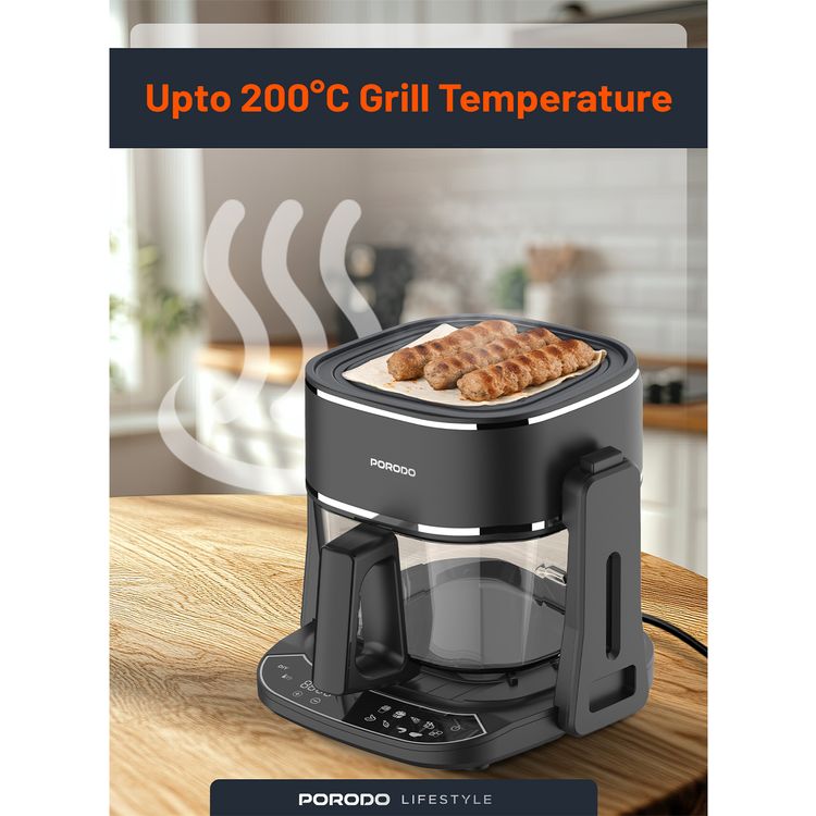 قلاية هوائية وشواية من بورودو لايفستايل بتصميم مزدوج مع 8 وظائف مبرمجة مسبقًا، سعة 4.5 لتر، حاوية زجاجية مقاومة للحرارة، مؤقت يصل إلى 60 دقيقة، قابس كهربائي ثلاثي الأطراف - لوحة لمسية - أسود