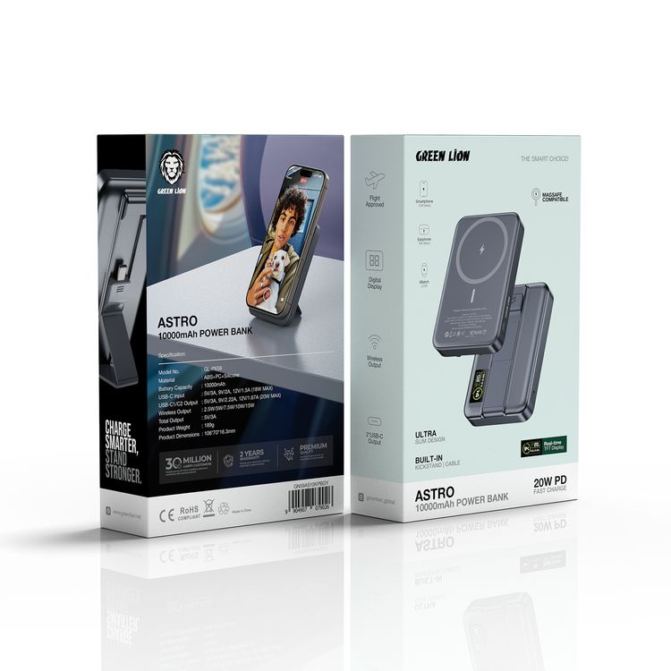 جرين ليون أسترو باور بانك 10000 مللي أمبير 3 في 1 مع مخرج USB-C مزدوج، مخرج لاسلكي، تصميم نحيف للغاية، حامل مدمج، كابل مدمج، معتمد للطيران - رمادي