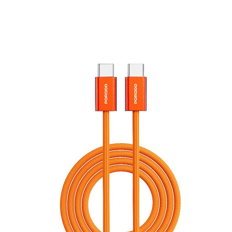 Porodo High-Speed USB-C to USB-C Cable with 60W Power Delivery, Cotton Braided Jacket, 480Mbps Data Transfer Speed, High-Speed Charging, Tangle-Free, Optimal Charging - Orange