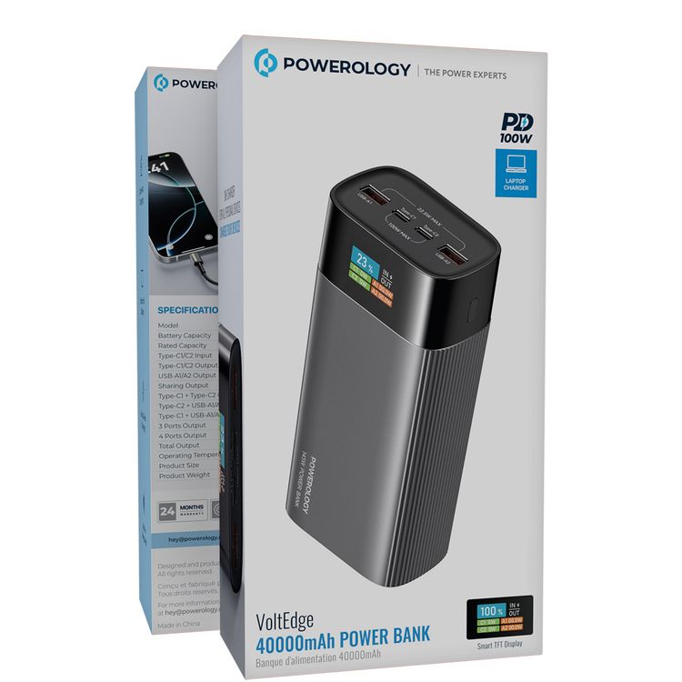 Powerology VoltEdge 40000mAh Power Bank with Smart Info Display, Multi-Device Charging, Ultra-Fast Charging, Built-in Safeguards, 2×USB-A & 2×USB-C Ports - Gray  