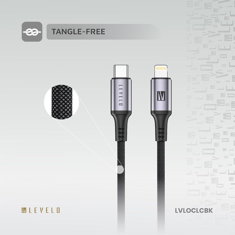 Levelo Otto USB-C to Lightning Cable with Heat-Resistant, Fast Charge & Data Sync, 480Mbps Data Transfer Rate, Tangle-Free, 1.2m Cable Length - Black