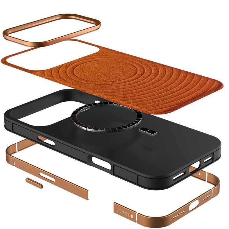 Levelo Spirale PU Leather Hybrid Case for iPhone 17 Pro, MagSafe Compatible & Strong Magnets, Impact-Resistant, Shock-Resistant Bumper, Aluminum Alloy Frame for Camera & Edges, Drop-Tested - Sunrise Orange
