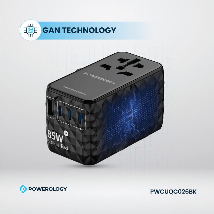 Powerology Universal 85W Super Charger with Retractable Type-C Cable, 70W Power Delivery, GaN Technology, Simultaneous Charging, Spare Fuse Included - Black