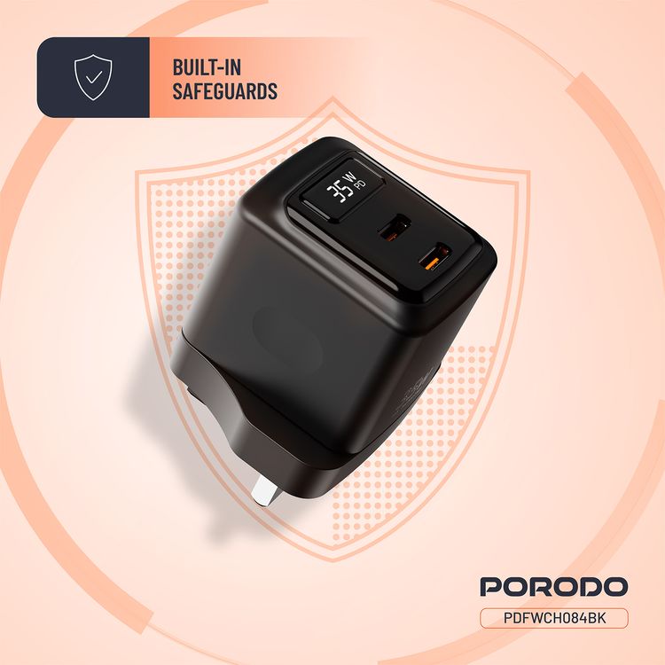 Porodo GaN Wall Charger with Dual USB-C Ports, 35W Power Delivery, Built-in Safeguards, Fast Charge Support, Multiple Device Charging, Digital Display - Black