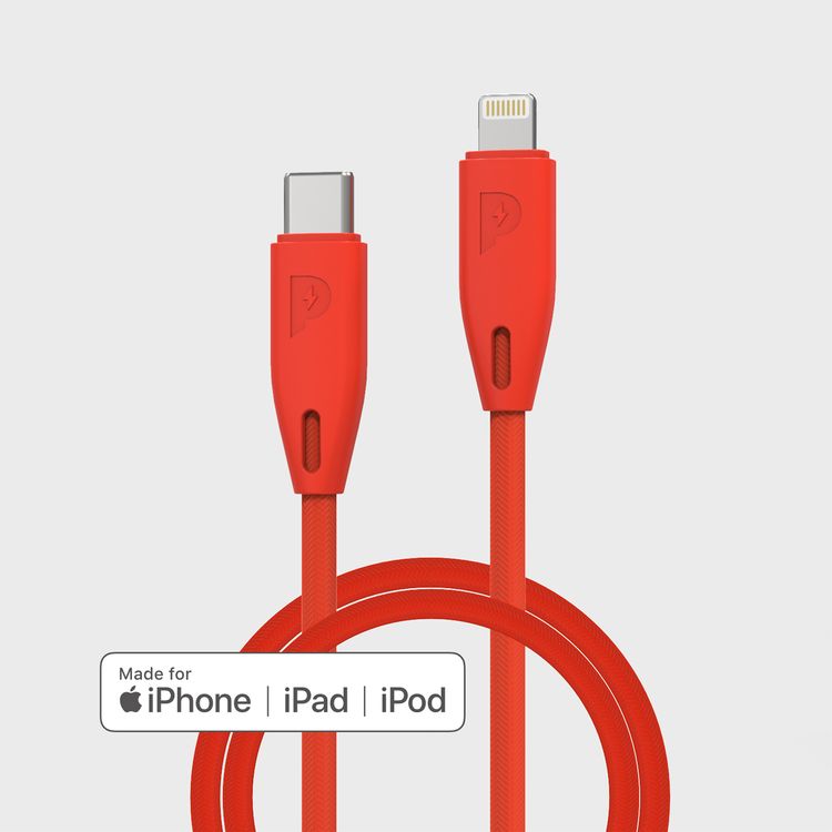 Powerology USB-C to Lightning Braided Cable with 2m Length, Fast Charging & Data Sync, Overheat & Overcurrent Protection, MFI Device Compatible, Fire-Resistant PVC Material - Red