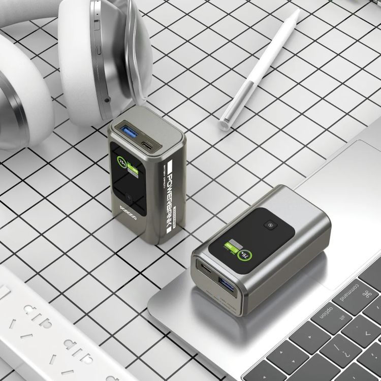 Porodo 10000mAh Mini Power Bank with Smart TFT Real-Time Display, 1×Type-C & 1×USB-A Port, 35W Power Delivery, 22.5W Quick Charge, Built-in Safeguards, Fast & Simultaneous Charging – Gray