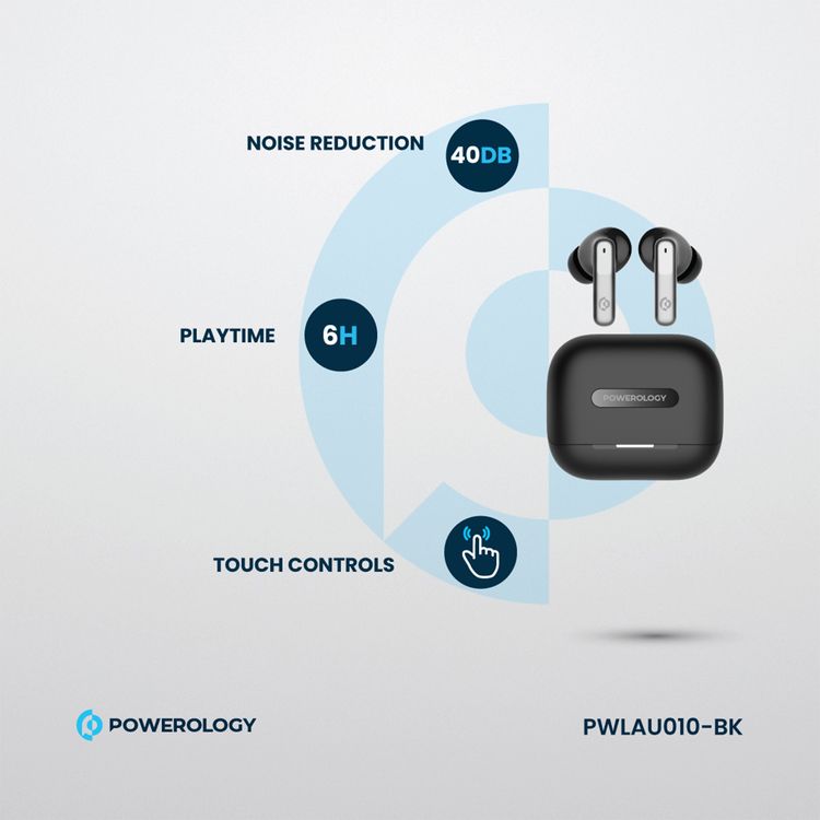 Powerology Hybrid True Wireless Earbuds with ANC + ENC, 6 Microphone, Bluetooth Version 5.3 & Type-C Charging Port - Black 
