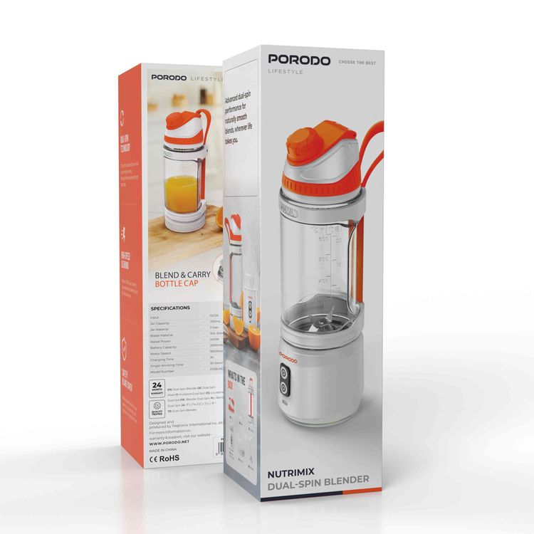 Porodo Lifestyle Nutrimix Dual-Spin Blender with 700mL Jar Capacity, Tritan Jar Material, 304 Stainless Steel Blade Material, 3× 2000mAh Battery Capacity, 3 Hours Charging Time, 30 Seconds Per Cycle Single Working Time, Safety Blade Cover - White