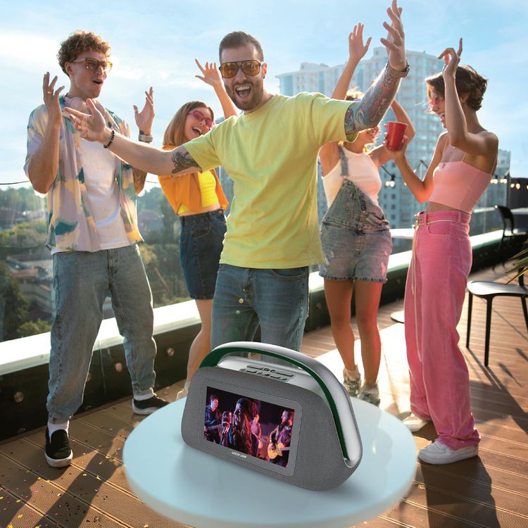 Green Lion Buenos Aires Display Speaker with 10.1" HD Touchscreen, Bluetooth Version 5.3, ABS & Silicone Material, 8000mAh Battery Capacity, 10m Transmission Range, DC Charging Port, 4 Hours Charging Time, 8 Hours Play Time, Multiple Ports Support - Black