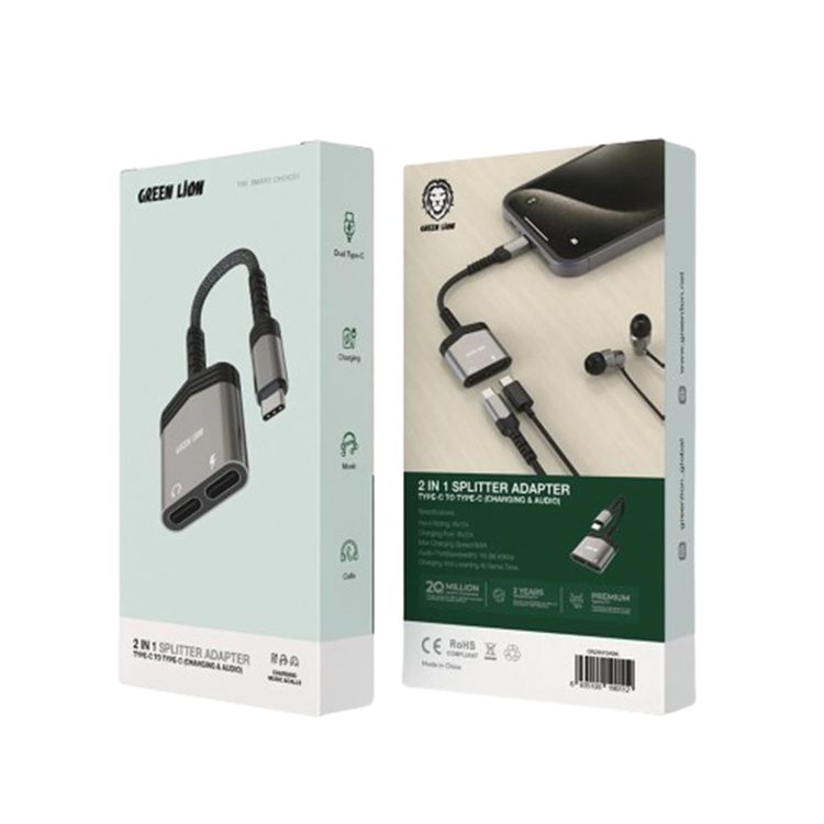 Green Lion 2 In 1 Splitter Adapter Type-C to Type-C (Charging & Audio), 9V/2A Input Rating, 60 W Max Charging Speed - Black